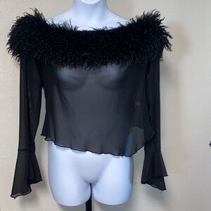 #DK263- NWT Dolls Kill Current Mood Black Sheer Mesh Top with Faux Fur-1X